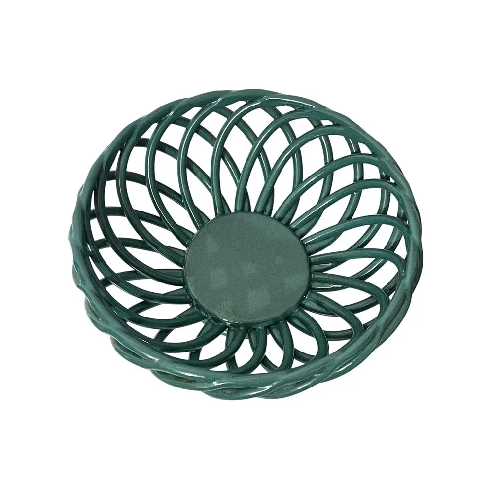 Vintage Ceramic Lattice Fruit Bowl  Teal Green Woven Spiral Design